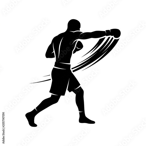 Black Silhouette of Boxer Throwing Fast Hook Punch with Speed Motion Trails, Dynamic Athletic Fighter in High Speed Combat Action, Boxing Sport Vector Illustration