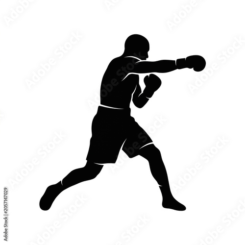 Black Silhouette of Male Boxer Stepping Forward Throwing a Right Cross Punch, Athletic Fighter in Aggressive Attack Pose, Boxing Sport Vector Illustration