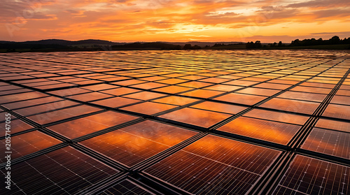 Solar panel farm at sunset renewable energy infrastructure and golden hour light