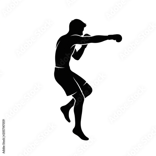 Black Silhouette of Boxer in Crouched Fighting Stance Throwing Forward Punch, Athletic Male Fighter in Defensive Attack Position, Boxing Sport Vector Illustration
