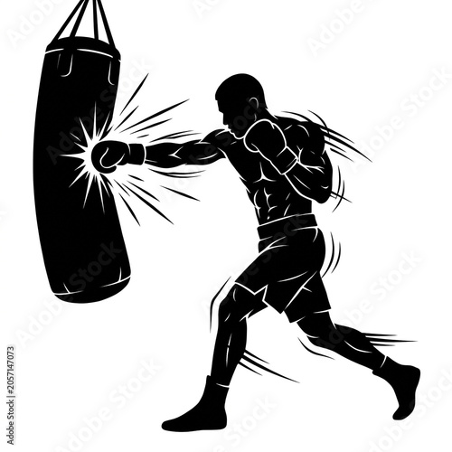 Black Silhouette of Female Boxer with Hair Flying Hitting Heavy Punching Bag, Woman Athlete Training in Gym, Female Boxing Workout Vector Illustration