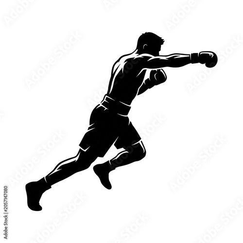 Black Silhouette of Boxer Throwing Explosive Cross Punch in Lunging Stance, Athletic Fighter in Action Pose, Boxing Sport Vector Illustration