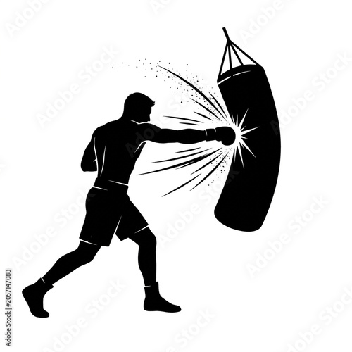 Black Silhouette of Boxer Punching Swinging Heavy Bag in Training Session, Athletic Fighter Working Out, Boxing Gym Workout Vector Illustration