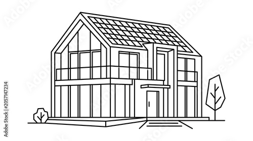 Modern two story house with solar panels line drawing