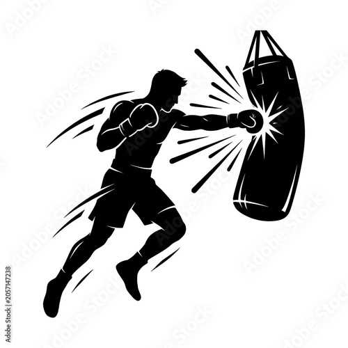 Black Silhouette of Boxer Throwing Powerful Punch at Heavy Punching Bag, Athletic Male Fighter in Training Session, Boxing Workout Sport Vector Illustration