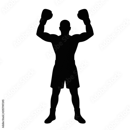 Black Silhouette of Male Boxer Standing with Fists Raised in Champion Victory Pose, Athletic Fighter Celebrating Win, Boxing Sport Vector Illustration