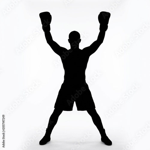 Black Silhouette of Boxer Raising Both Arms Overhead in Championship Victory, Male Athlete Celebrating Win with Arms Up, Boxing Sport Vector Illustration