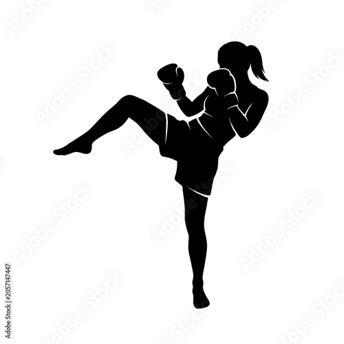 Black Silhouette of Female Kickboxer Performing Low Spinning Kick, Woman Martial Artist in Ground Combat Pose, Athletic Female Fighter Vector Illustration