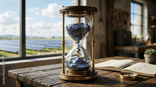 Renewable energy concept with solar panels and wind turbines