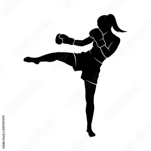 Black Silhouette of Female Kickboxer Performing Side Kick, Woman Martial Artist in Action Combat Pose, Athletic Female Fighter Vector Illustration