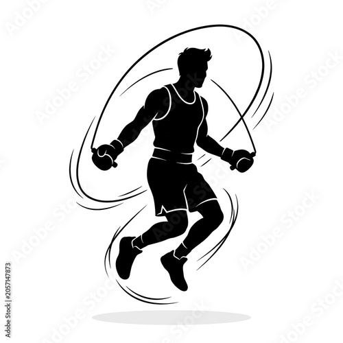 Black Silhouette of Male Boxer Jumping Rope During Training with Motion Effect, Athletic Fighter Skipping for Cardio, Boxing Workout Sport Vector Art
