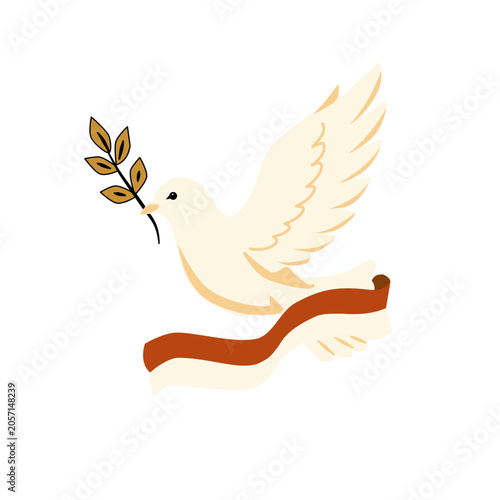 Quadro su tela White Dove of Peace with Olive Branch Vector Illustration