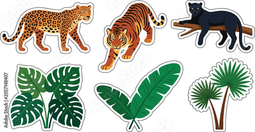 Canvastavla Exotic Jungle Big Cats Vector Sticker Set Featuring Walking Leopard, Prowling Be