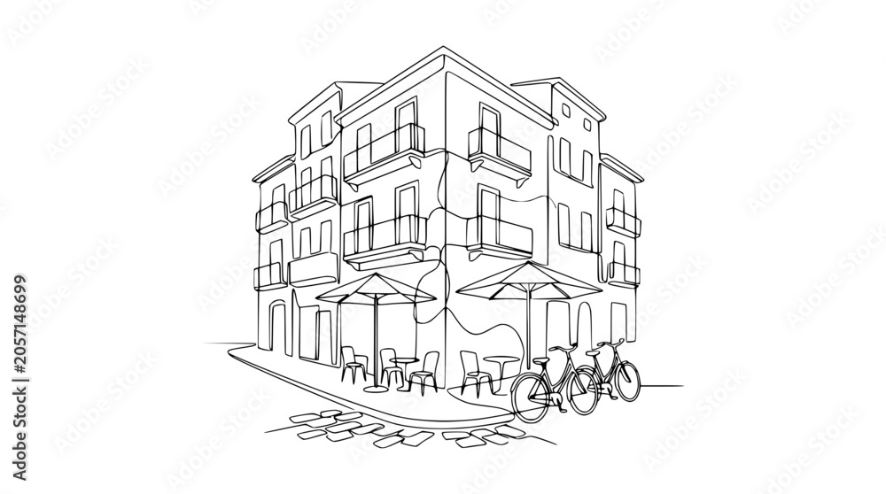 Naklejka premium One Line Drawing of European Cafe Corner with Bicycles and Umbrellas