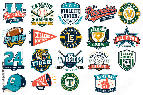 A collection of vintage-style sports logos, emblems, and badges featuring various athletic themes, team names, and mascots.
