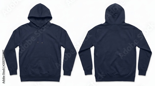 Blank Navy Blue Hoodie Mockup Front and Back View Flat Layout