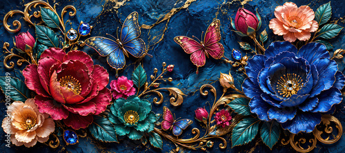 3D Embossed Luxury Floral Background on Navy Marble with Gemstone Butterflies and Gold Botanicals