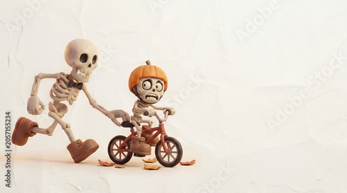 Scared Skeleton Kid Riding Bicycle with Adult Skeleton Pushing halloween background