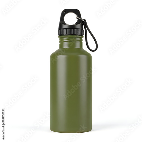 Green water bottle with black cap and strap