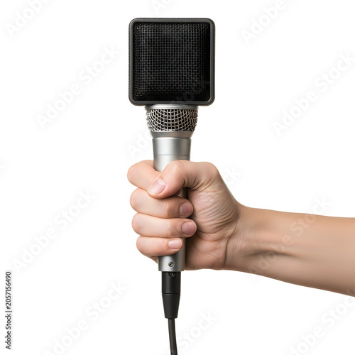Hand holding microphone with digital display