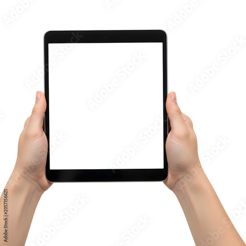 Hands holding black tablet device
