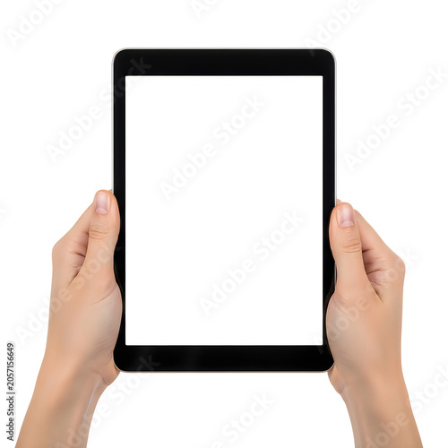 Hands holding black tablet with blank screen