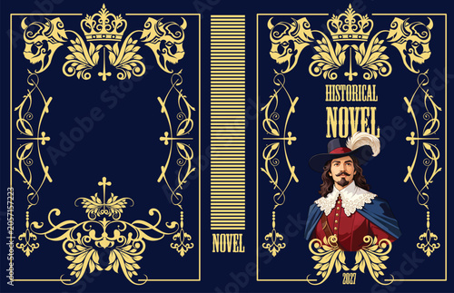 Foto 089-37-Historical novel cover featuring a musketeer in ornate baroque style with