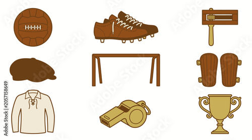 Historic football sports collection essential equipment, clothing, and trophy elements for classic match themes