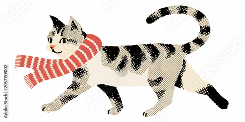 Quadro su tela Halftone cat with candy cane scarf vector illustration on white background