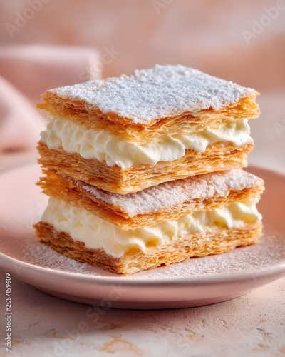 Delicate Layers of Soft Peach Millefeuille with Cream on Elegant Plate
