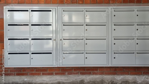 Принти на полотні Metal postboxes for postal letters, gray mailboxes are mounted on the wall with built-in locks for protection