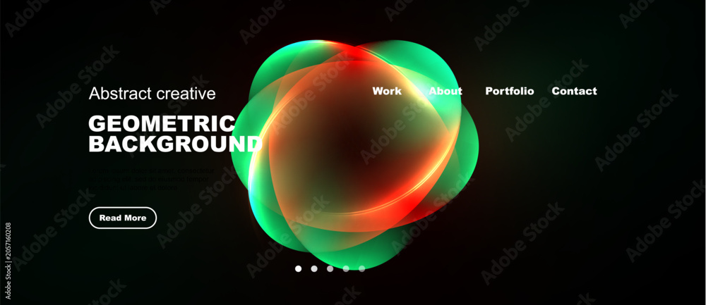 Obraz premium Dark background features vibrant geometric shapes. Text elements include headings, navigation, button. Modern design, clean aesthetic.