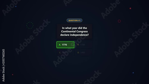 Educational history trivia quiz interface screen displaying a question about the US Declaration of Independence in 1776