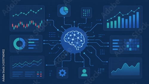 Central brain icon connected to various data analysis charts and financial indicators representing AI and business intelligence.