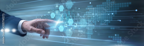 Fotografie Financial innovator swiftly touching virtual dashboard managing DeFi protocols over a decentralized blockchain network