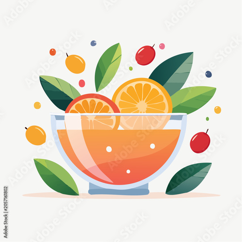 Vibrant Orange Juice in a Glass Bowl Surrounded by Fresh Leaves and Berries