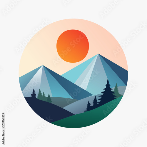 Scenic Mountain Landscape with Sun and Trees in a Circle