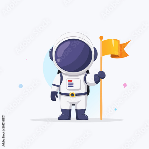 Charming cartoon astronaut illustration holding a yellow flag, symbolizing triumphant space exploration, discovery, and successful cosmic missions with a sense of adventure