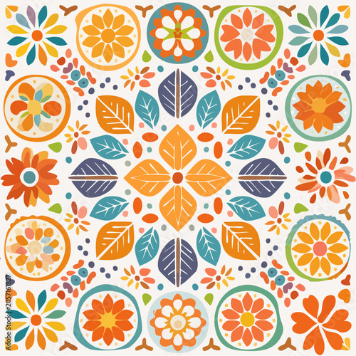 Vibrant Floral Mandala Pattern with Geometric Elements and Nature Motifs