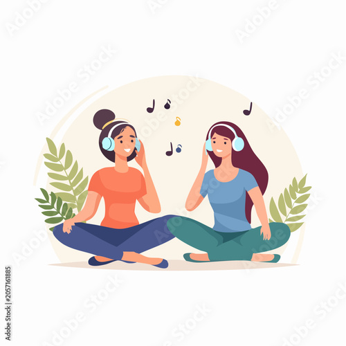 Two young women enjoying music together with headphones on, illustration