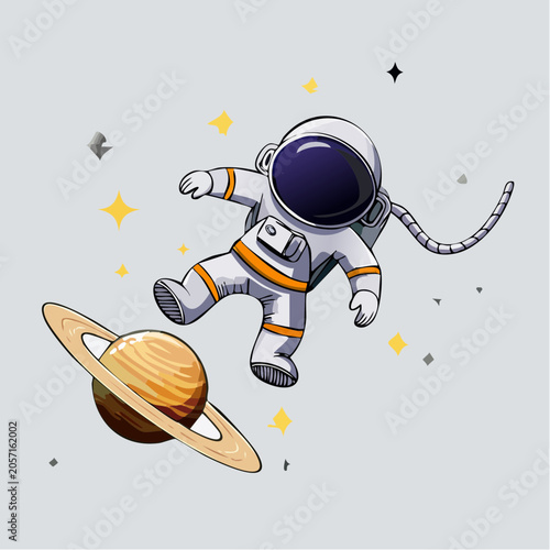 Astronaut floating in space next to planet with rings and stars