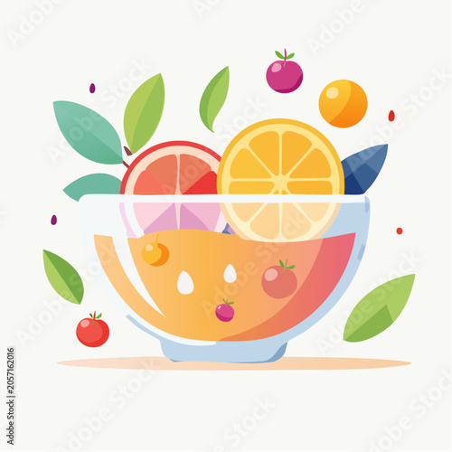 Refreshing Citrus Fruit Salad in a Crystal Bowl with Green Leaves and Berries