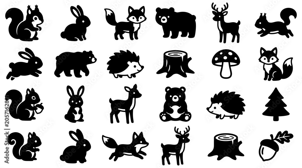 Obraz premium Cute woodland animal silhouette collection featuring bear, deer, fox, rabbit, and squirrel forest elements