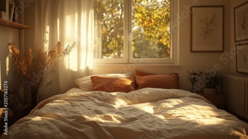 Cozy bedroom bathed in golden morning light