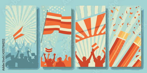 Quadro em tela Crowd Silhouette With Flags And Confetti Vintage Vector Illustration