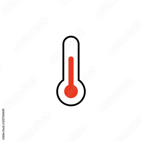 Thermometer flat line icon. Vector illustration of a vertical thermometer symbol with a red liquid indicator showing warm or high temperature, designed with a clean black outline. 