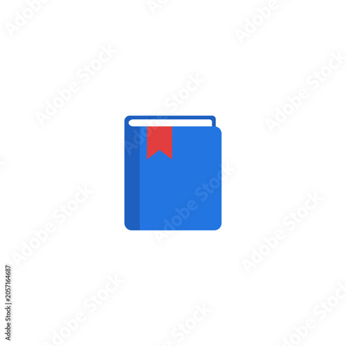 Blue book with red bookmark ribbon flat icon. Vector illustration of a closed hardcover textbook or notebook symbol, featuring a prominent red ribbon bookmark hanging from the top. 
