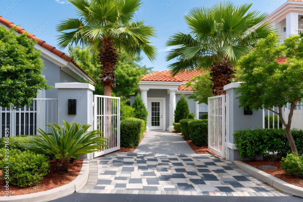 Naklejka premium Gated community entrance with palm trees and tropical landscaping