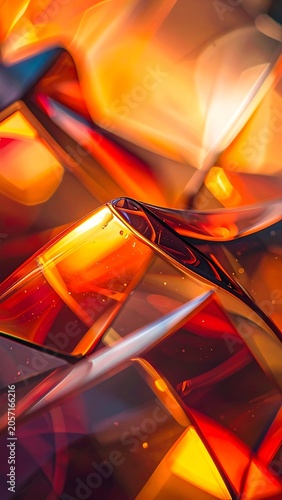 A close-up of shattered glass with warm orange and red hues