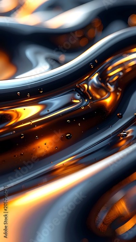 A close-up of shiny, molten, and reflective orange and black liquid
